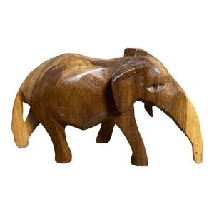 VTG Elephant Figurine 2" Hand Carved Wood Multi Tone Brown Africa‎ Gloss Animal